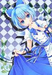  alternate_costume argyle argyle_background blue_eyes blue_hair blush bow cirno dress enmaided hair_bow ice ice_wings looking_at_viewer maid nekosugi_(hoshi) ribbon short_hair smile solo touhou wings 