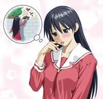  azumanga_daiou bandaid bandaid_on_finger biting biting_hand black_hair blue_eyes blush cat ichikawa_masahiro kamineko licking_injury long_hair sakaki school_uniform skirt sweatdrop thought_bubble tree wall 