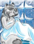  blanket breasts canine cup eyes_closed female fox fur grey_fur hair j3t mammal mug scar smile snow solo vixenchan window winter 