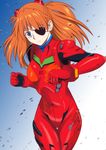  &gt;:( bangs blue_eyes blurry bodysuit bracer breasts cap_(dkdm-d) clenched_hand cowboy_shot crossed_legs debris depth_of_field duct_tape evangelion:_3.0_you_can_(not)_redo eyepatch fighting_stance frown gloves gradient gradient_background hair_ornament long_hair looking_at_viewer medium_breasts neon_genesis_evangelion number orange_hair plugsuit rebuild_of_evangelion shikinami_asuka_langley solo souryuu_asuka_langley standing thigh_gap turtleneck v-shaped_eyebrows 