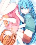  :o blue_eyes blue_hair blush bottomless cat flat_chest fujiwara_gacho fuu-chan_(fujiwara_gacho) highres long_hair lying multiple_girls orange_hair original rotational_symmetry short_hair sui_(fujiwara_gacho) upside-down very_long_hair 