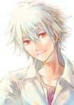  albino head_tilt kazamasimaro male_focus nagisa_kaworu neon_genesis_evangelion red_eyes smile solo white_hair 