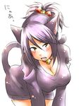  1girl animal_ears artist_request bell blush breasts brown_eyes cat_ears cat_tail cleavage collar hair_ornament kemonomimi_mode ponytail purple_hair sheena_fujibayashi solo sweater tail tales_of_(series) tales_of_symphonia 