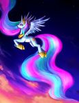  crown cutie_mark equine female feral flying friendship_is_magic gold hair horn horse mammal multi-colored_hair my_little_pony necklace nyarmarr pony princess princess_celestia_(mlp) purple_eyes royalty sky solo stars sunset winged_unicorn wings 