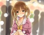  bad_id bad_pixiv_id blush breasts brown_eyes brown_hair casual cleavage fur_coat heart heart_necklace holding_hands idolmaster idolmaster_cinderella_girls konno_seara large_breasts out_of_frame pov pov_hands short_twintails smile snowing solo_focus totoki_airi twintails 