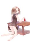  artist_name barefoot blonde_hair brown_eyes can dress feet holding kyouyama_anna mvv shaman_king short_hair solo table 