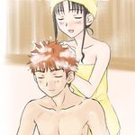  1girl bath boribeya couple emiya_shirou fate/stay_night fate_(series) hetero lowres mixed_bathing naked_towel shampoo toosaka_rin towel 
