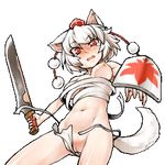  animal_ears breasts fundoshi hat inubashiri_momiji japanese_clothes looking_at_viewer lowres medium_breasts nipples oekaki phenne red_eyes sarashi shield short_hair solo sweatdrop sword tail tokin_hat touhou transparent_background underwear underwear_only undone_sarashi wardrobe_malfunction weapon white_hair wolf_ears wolf_tail 