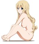  a1 absurdres barefoot blonde_hair blue_eyes blush breasts eyebrows feet full_body hands hands_on_feet highres k-on! kotobuki_tsumugi large_breasts legs light_smile long_hair nipples nude shadow simple_background sitting smile solo white_background 