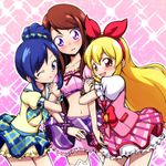  aikatsu! aikatsu!_(series) arm_hug bare_shoulders blonde_hair blue_eyes blue_hair blush brown_hair hair_ribbon hairband hoshimiya_ichigo kiriya_aoi long_hair looking_at_viewer midriff multiple_girls navel one_eye_closed open_mouth purple_eyes red_eyes ribbon santoo_takeshi shibuki_ran skirt smile thighhighs white_legwear 