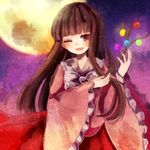  black_hair branch dress full_moon hatasan hime_cut houraisan_kaguya japanese_clothes jeweled_branch_of_hourai long_hair moon one_eye_closed open_mouth red_eyes smile solo touhou 