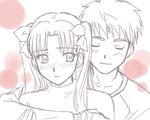  1girl blush boribeya couple emiya_shirou fate/stay_night fate_(series) hetero hug lowres monochrome toosaka_rin 