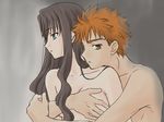  1girl boribeya breast_grab couple emiya_shirou fate/stay_night fate_(series) grabbing hair_down hetero hug lowres nude toosaka_rin 