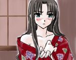  blush boribeya fate/stay_night fate_(series) hair_down japanese_clothes kimono long_hair lowres off_shoulder solo toosaka_rin 