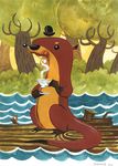  forest hat invalid_tag log male mammal mustelid nature otter outside river scenery solo standing tea tea_cup teacup tree wood 