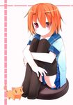  blush fujiwara_gacho fuu-chan_(fujiwara_gacho) leg_hug orange_hair original short_hair sitting skirt solo thighhighs 