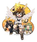  1girl 2boys angel_wings animal_ears animal_hood arm_up black_hair blush boots bracer brown_hair bunny_hood camera circlet dark_pit dated fake_animal_ears green_hair hood kid_icarus kid_icarus_uprising kinako_(462) long_hair multiple_boys nintendo palutena pit_(kid_icarus) short_hair shorts star star_rod super_smash_bros. super_smash_bros._ultimate thumbs_up toeless_boots very_long_hair wings 