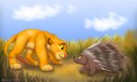  ambiguous_gender anthro blue_eyes brown_fur cloud cub day disney duo eye_contact feline feral fur grass lion male mammal outside porcupine red_eyes rodent simba sky smile the_lion_king young 