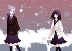  black_hair blazer blue_eyes blush cardigan jacket kajiki_yumi looking_at_another looking_back misago_(amaranth) multiple_girls necktie open_mouth purple_hair red_eyes saki school_uniform short_hair skirt smile snow sweater touyoko_momoko tree tsuruga_school_uniform winter_uniform 