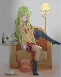  alcohol armchair bad_id bad_pixiv_id between_legs blue_eyes chair fujiwara_gacho full_body green_hair hand_between_legs knee_up lamp long_hair loose_thighhigh original sitting skirt solo thighhighs v_arms very_long_hair wine 