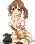  :d black_legwear blush breasts brown_eyes brown_hair cleavage dress heart heart_necklace idolmaster idolmaster_cinderella_girls large_breasts open_mouth short_twintails simple_background sitting sleeves_past_wrists smile solo striped sweater sweater_dress tayu_(yuntayu) thighhighs totoki_airi twintails yokozuwari 