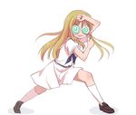  belt blonde_hair candy food holding kneehighs loafers lollipop long_hair neckerchief nobutake_(nobu0) oohoshi_awai open_mouth pose saki school_uniform serafuku shiraitodai_school_uniform shoes smile socks solo standing swirl_lollipop white_legwear 