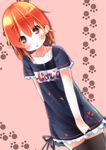  :o black_legwear blush chestnut_mouth clothes_writing fujiwara_gacho fuu-chan_(fujiwara_gacho) jewelry multicolored multicolored_eyes orange_hair original paw_print pendant ringed_eyes shirt shirt_tug short_hair skirt solo t-shirt thighhighs zettai_ryouiki 