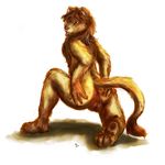  anthro balls brown_fur brown_hair butt claws dlost feline fur hair hindpaw lion looking_at_viewer looking_back male mammal nude paws plain_background pose presenting presenting_hindquarters solo toes white_background 