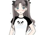  blush boribeya fate/stay_night fate_(series) lowres panda raglan_sleeves shirt solo t-shirt toosaka_rin two_side_up 