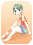  =_= ai_(fujiwara_gacho) bad_id bad_pixiv_id barefoot blush cat flat_chest fujiwara_gacho green_hair looking_at_viewer original petting ponytail purple_eyes shorts sitting solo 