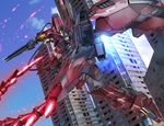  glowing glowing_eyes green_eyes gundam gundam_epyon gundam_wing hiropon_(tasogare_no_puu) mecha no_humans photo_background solo spikes wings 