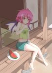  barefoot contemporary cutoffs food fruit highres krace midriff musical_note mystia_lorelei navel off_shoulder pink_hair plate popsicle shadow shorts sitting solo strap_slip tank_top touhou watermelon wings yellow_eyes 