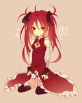  alternate_hairstyle bad_id bad_pixiv_id bare_shoulders black_legwear fang fingerless_gloves gloves hair_ribbon mahou_shoujo_madoka_magica mmco red_eyes red_hair ribbon sakura_kyouko skirt solo thighhighs twintails 