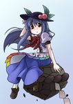  :&lt; blue_hair bow bowtie dress food fruit hand_in_hair hat hinanawi_tenshi keystone long_hair peach phenne red_eyes sitting solo tareme touhou 