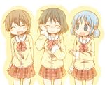  :d ^_^ aioi_yuuko bad_id bad_pixiv_id black_hair blue_eyes blue_hair blush brown_hair closed_eyes daitirumoesu flying_sweatdrops hair_cubes hair_ornament multiple_girls naganohara_mio nichijou open_mouth school_uniform shinonome_nano short_hair skirt smile tears tokisadame_school_uniform 