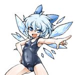  :d blue_eyes blue_hair bow cirno covered_navel fang hair_bow hand_on_hip lowres navel oekaki one-piece_swimsuit open_mouth phenne pointing school_swimsuit short_hair smile solo swimsuit touhou transparent_background wings 