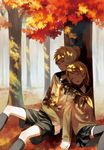  1girl autumn_leaves bad_id bad_pixiv_id black_legwear blonde_hair brother_and_sister closed_eyes hair_ribbon holding_hands interlocked_fingers kagamine_len kagamine_rin leaning_on_person moekon open_mouth ribbon school_uniform short_hair shorts siblings skirt sleeping thighhighs twins vocaloid 