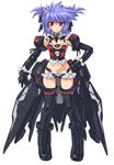  :o altines armor black_legwear blue_hair busou_shinki dd_(ijigendd) doll_joints elbow_gloves gloves hand_on_hip looking_at_viewer navel open_mouth red_eyes short_hair solo thighhighs twintails white_background 