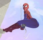  ass bad_deviantart_id bad_id bodysuit breasts building cloud feet glint hands_together lips marvel mask medium_breasts own_hands_together silk solo spider-girl spider-man_(series) styloide 