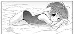  animal_ears antenna_hair crossed_arms galaxy_angel greyscale hamao light_smile lying mint_blancmanche monochrome on_side partially_submerged short_hair smile solo starfish water 