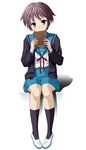  bangs blush book cardigan full_body ichikawa_masahiro kita_high_school_uniform kneehighs nagato_yuki open_cardigan open_clothes purple_hair school_uniform serafuku shadow shoes short_hair simple_background sitting skirt socks solo suzumiya_haruhi_no_yuuutsu uwabaki yellow_eyes 