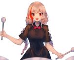  &gt;:d 1girl black_dress bow bowtie braid dress drumsticks fang girls_frontline highres holding_drumsticks long_hair low_twintails m4_sopmod_ii_(girls_frontline) multicolored_hair pink_hair red_eyes red_hair simple_background solo streaked_hair twin_braids twintails upper_body white_background xanax025 