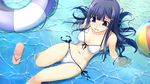  aete_mushisuru_kimi_to_no_mirai arm_support ball beachball bikini blue_eyes blue_hair blush front-tie_top game_cg hair_ornament hairclip innertube kazami_haruki long_hair misaki_souka navel open_mouth partially_submerged sandals shoes_removed side-tie_bikini solo swimsuit water wavy_mouth wet white_bikini 