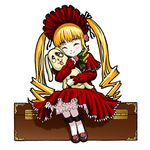  blonde_hair blush bonnet doll flower frilled_skirt frills gothic_lolita hug ichikawa_masahiro kunkun lolita_fashion long_hair lowres rose rozen_maiden shinku skirt solo stuffed_animal stuffed_dog stuffed_toy suitcase tongue twintails 