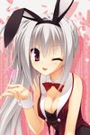  &lt;3 1girl ;p animal_ears animal_tail artist_request bow bowtie breasts bunny_ears bunny_tail character_request cleavage copyright_request detached_collar dracu-riot! dress elena_olegovna_owen fake_animal_ears heart kobuichi long_hair looking_at_viewer muririn one_eye_closed ponytail purple_eyes silver_hair solo strapless_dress tail tongue tongue_out very_long_hair vest wink wrist_cuffs 