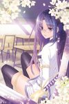  bad_id bad_pixiv_id black_legwear breasts chain chalkboard desk flower from_outside glasses long_hair looking_outside medium_breasts original purple_eyes purple_hair riki_(elseeker) school_uniform sitting skirt solo thighhighs window zettai_ryouiki 