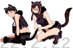  1girl :3 animal_ears ayanashi_kunio blush bow brown_hair cat_ears cat_tail glasses hairband ikari_shinji makinami_mari_illustrious midriff neon_genesis_evangelion rebuild_of_evangelion tail tail_grab twintails 