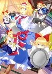  alice_margatroid apron ass back blonde_hair blue_eyes blush book boots bow breasts capelet doll dress dual_wielding fingerless_gloves gloves goliath_doll hair_bow hairband holding kamitsuki_shion lance large_breasts long_hair open_mouth polearm ribbon sash shanghai_doll shield short_hair smile string sword touhou weapon 