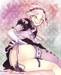  ass blush crossdressing danganronpa grey_eyes komaeda_nagito lace lace-trimmed_thighhighs long_hair maid male_focus open_mouth orima otoko_no_ko panties side-tie_panties smile solo super_danganronpa_2 thighhighs underwear untied untying white_hair 