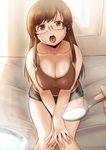  bare_shoulders breasts brown_eyes brown_hair cleavage collarbone covered_nipples from_above fuwari glasses head_tilt holding inu_(aerodog) large_breasts long_hair looking_at_viewer no_bra open_mouth pov ren'ai_shimasen_ka? shirt short_shorts shorts sitting solo spoon tank_top tongue v_arms 